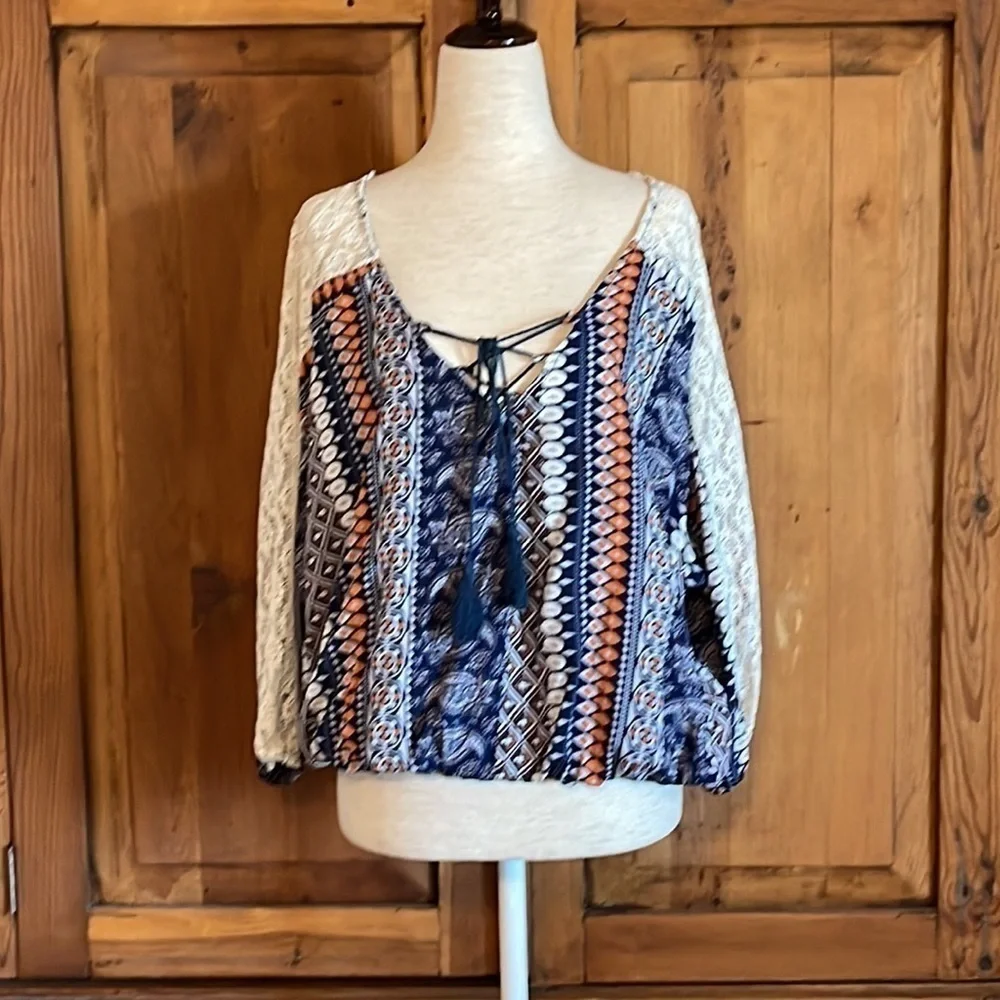 NWT Anthropologie HAZEL Blue & Orange Bohemian Style Blouse Sz. S